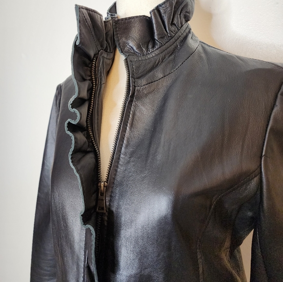 Collezione Jackets & Blazers - Collezione Italian Leather Black Pleated Jacket Luxury Womens Ruffled Tailored